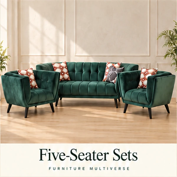 Green three-seater sofa with two matching single chairs